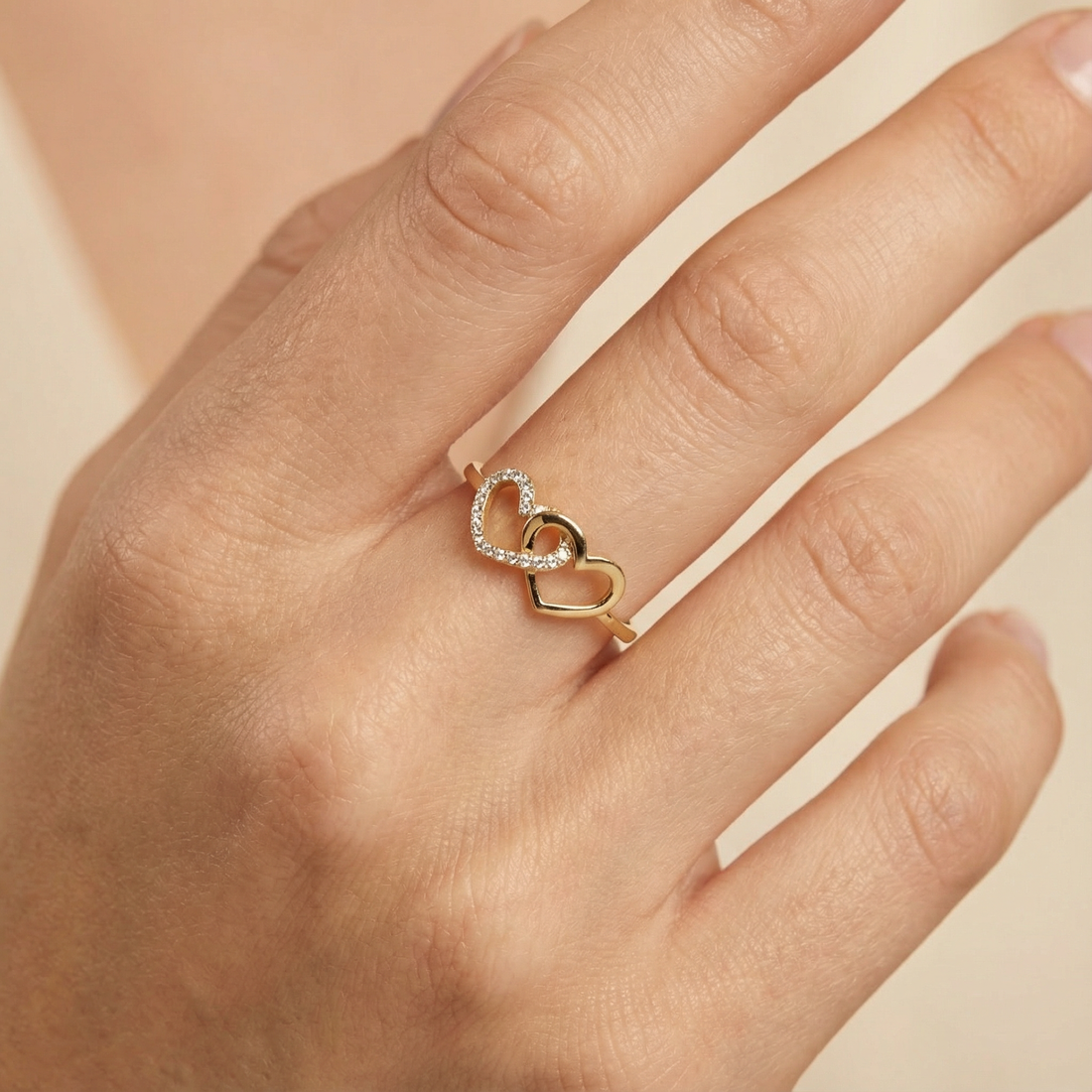 Anillo de Oro 14k Diseño Alma Gemela con Corazónes Brillantes y Zirconias mod. 10287