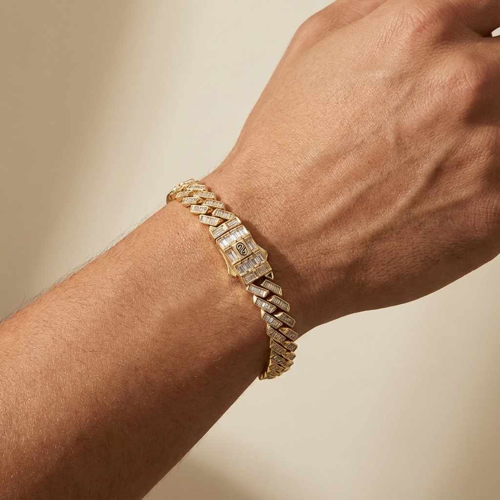 Pulsera de Oro 14k Tejido Barbado con Incrustaión Especial de Zirconias Corte Baguette mod. 10330