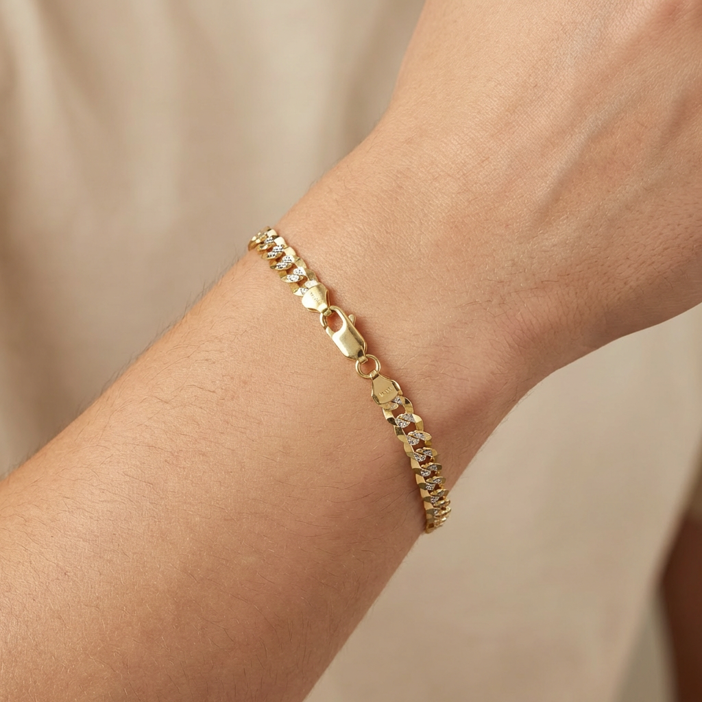 Pulsera de Oro 14k Tejido Barbado Sólido Estilo Brillante con Diamantado mod. 10527