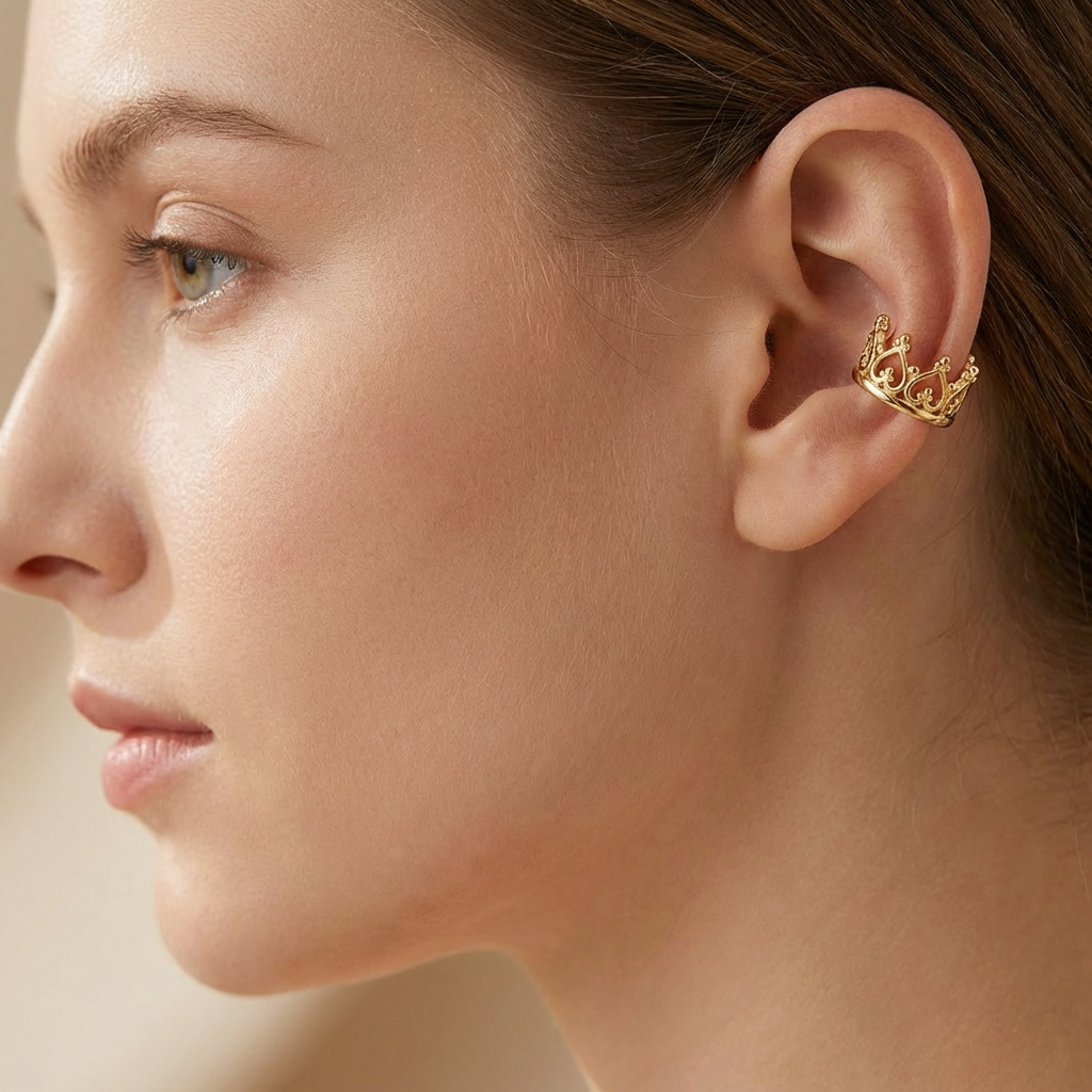 Earcuff de Oro 14k Hueco Trepador Fino con Diseño de Corona Brillante mod. 10606