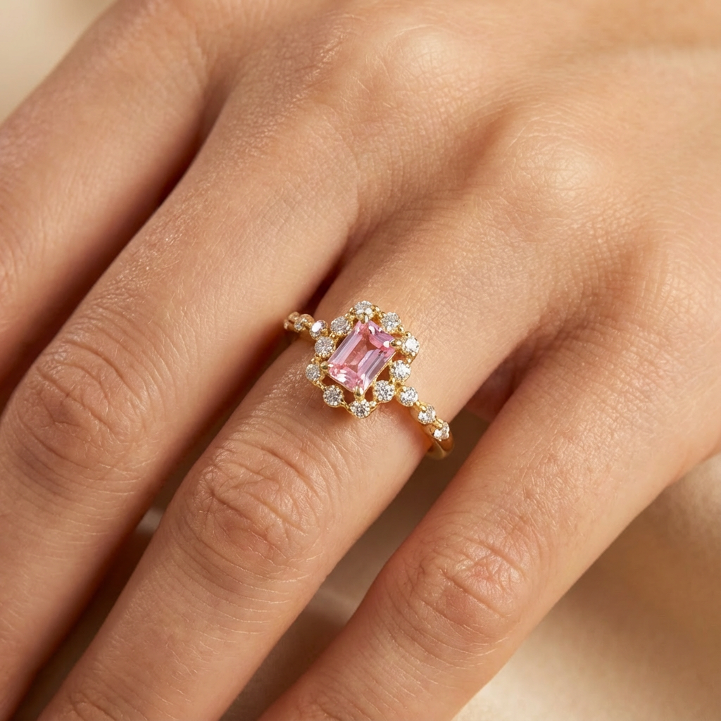 Anillo de Oro 14k Diseño Brillante con Zirconias Finas y Zirconia Rosa mod. 10356