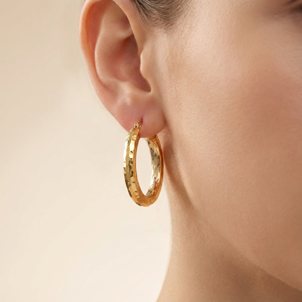 Arracada de Oro 14k Argolla Ovalada Texturizada Tipo Facetado mod. 10492