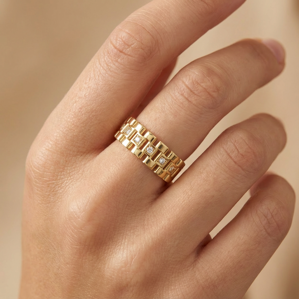 Anillo de Oro 14k Diseño de Tejido Ensamblado Incrustado con Zirconias mod. 10357