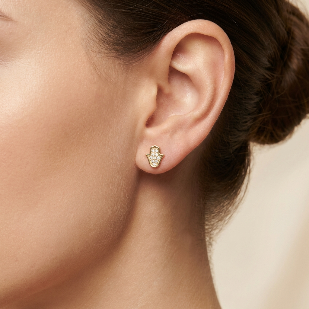 Arete de Oro 14k Mano de Fátima Brillante con Zirconias Finas mod. 10635