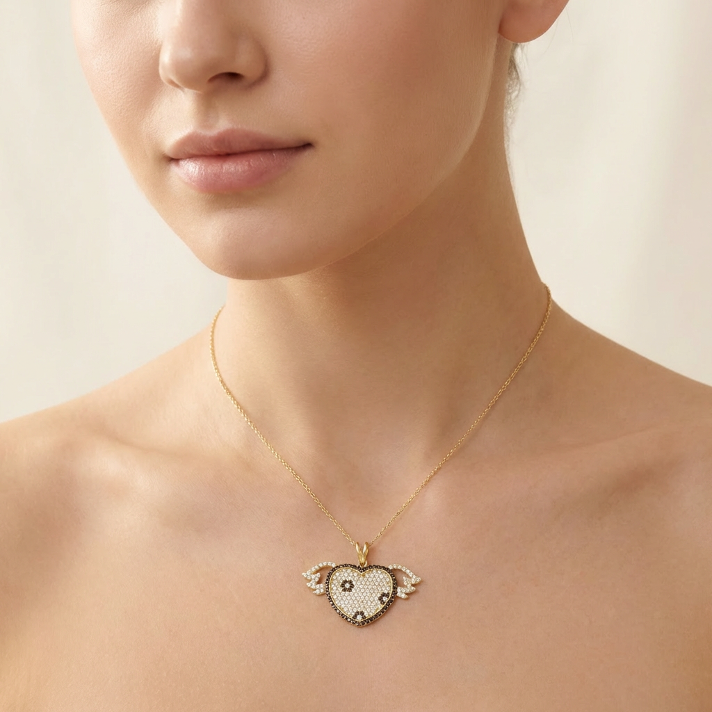 Dije de Oro 14k Corazón con Alas e Incrustación de Zirconias Brillantes mod. 10511