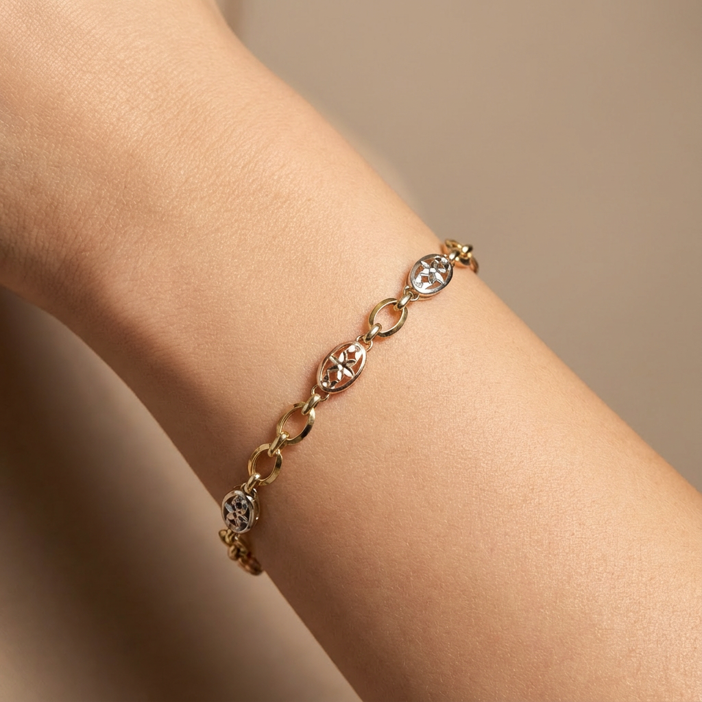 Pulsera de Oro 14k Tejido Fino de Eslabones Diamantados Ensamblados mod. 10337