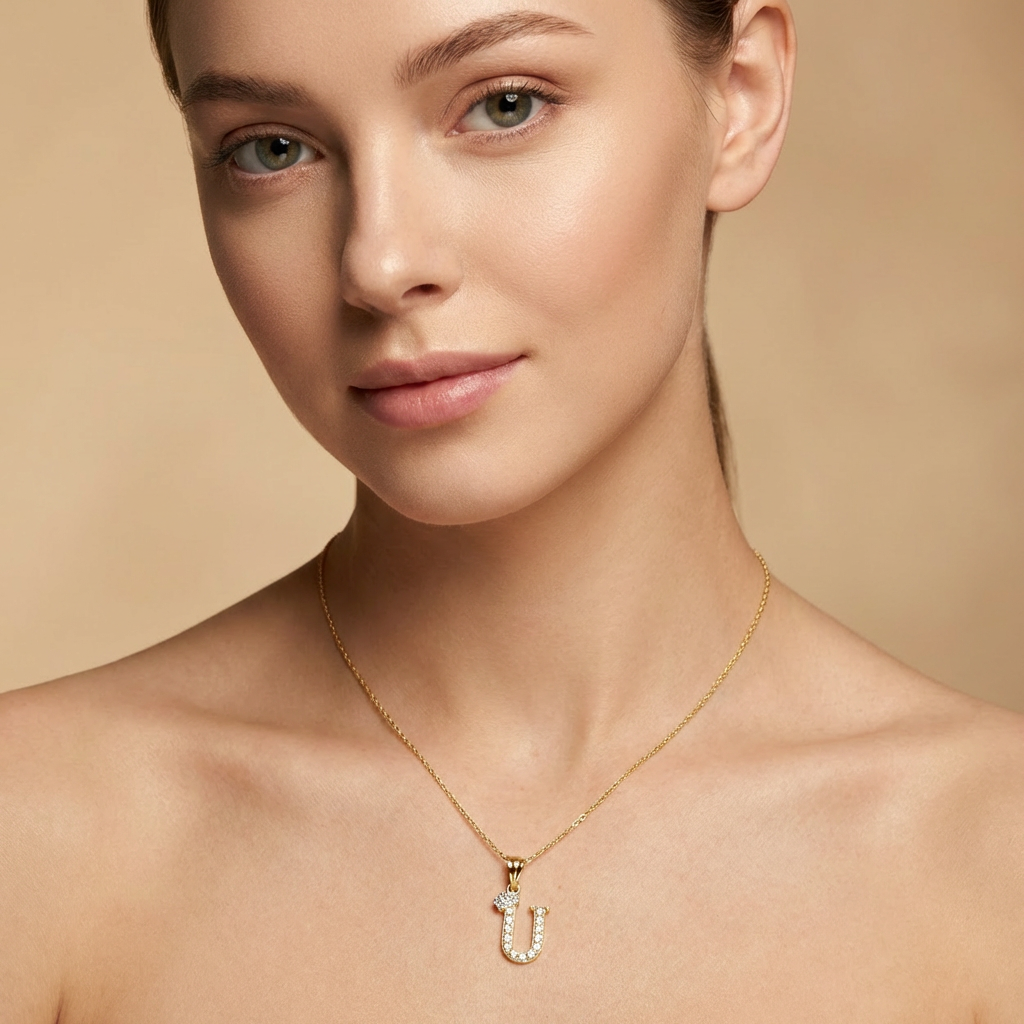 Dije de Oro 14k Modelo de Inicial U Diseñado con Corona e Incrustación de Zirconias mod. 10575