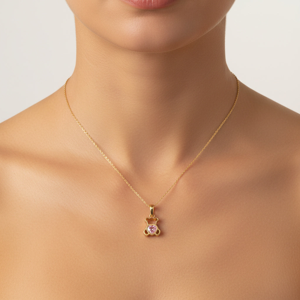 Dije de Oro 14k Osito con Corazón Rosa e Incrustado de Zirconias mod. 10085