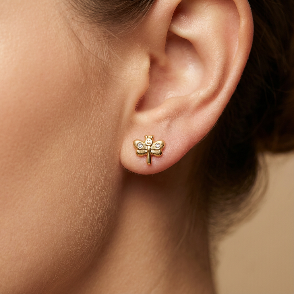 Broquel de Oro 10k Diseño de Libélula con Incrustación de Zirconias mod. 10452