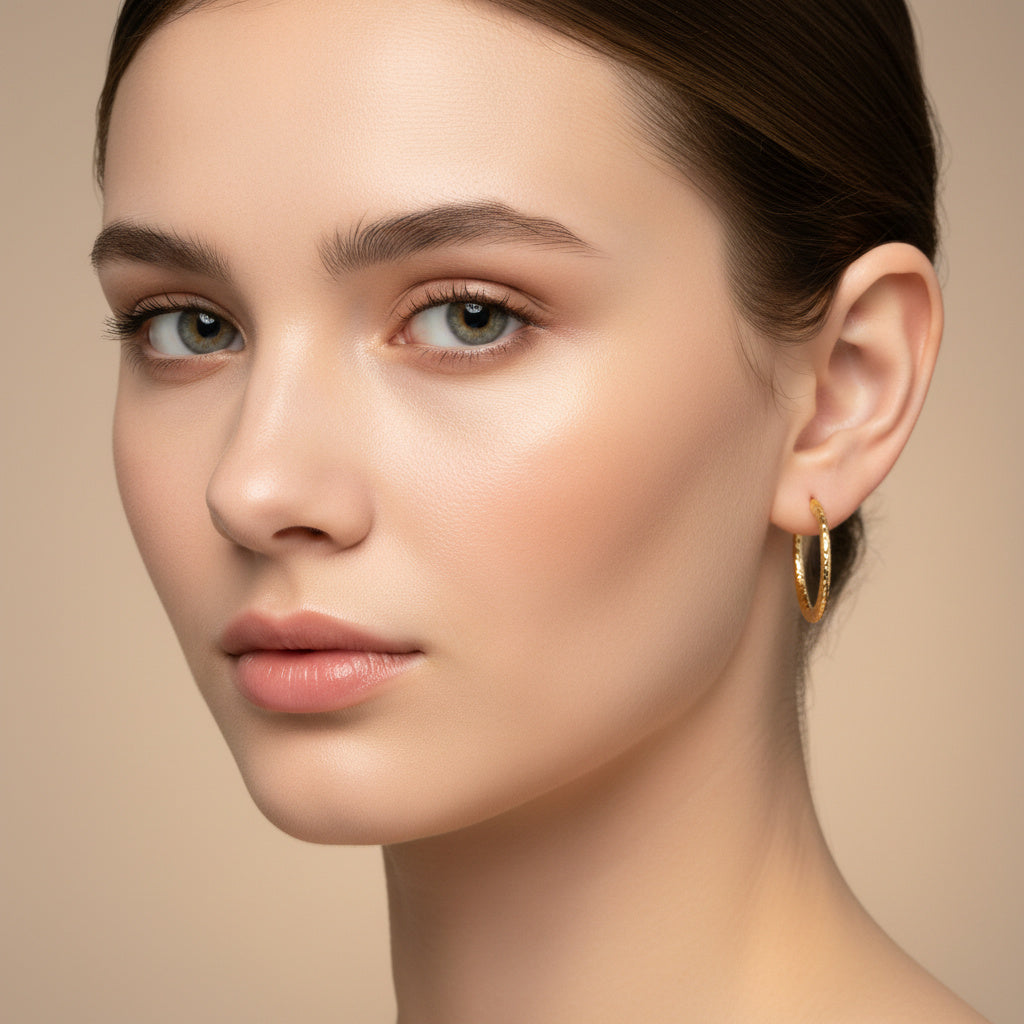 Arracada de Oro 14k Diseño Redondo Hueco Semi Plano con Diamantado mod. 10311