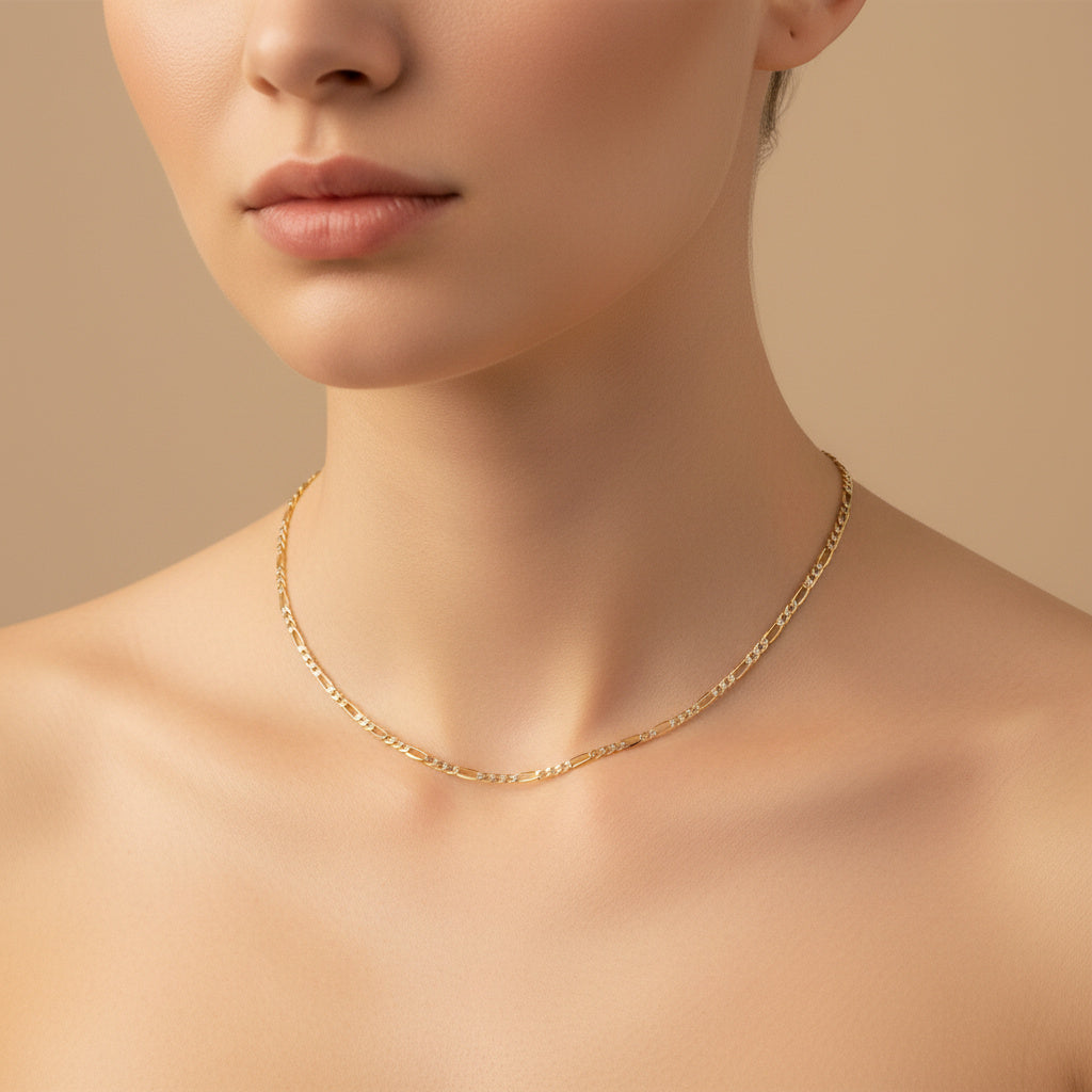 Cadena de Oro 14k Tejido 3x1 Sólido con Diamantado Estilo Martillado mod. 10295