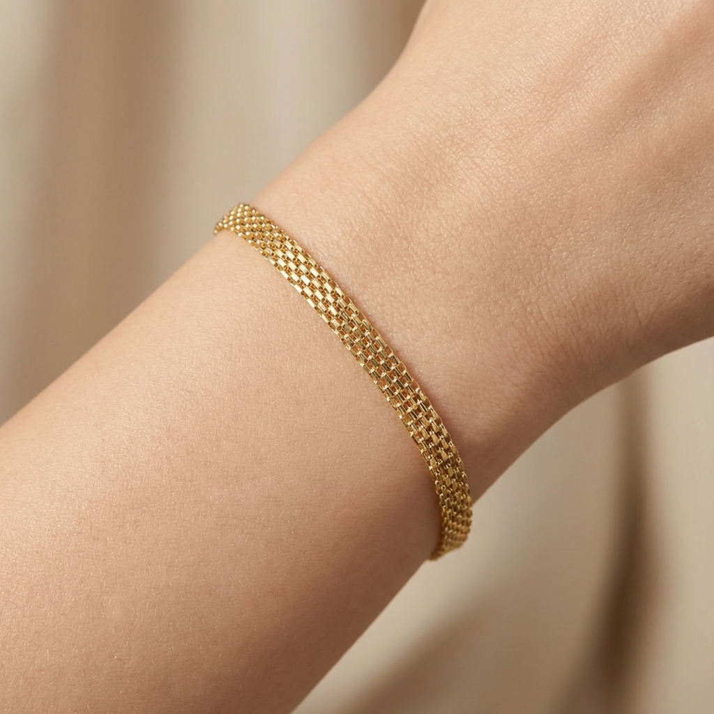 Pulsera Eslabón de Oro 14k Tejido Chino de Estilo Fino y Brillante mod. 10538