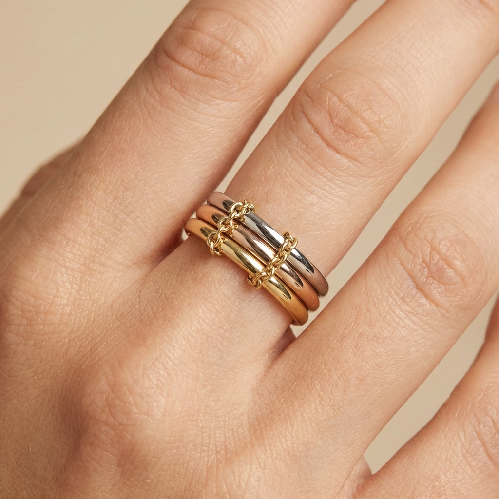 Anillo de Oro 14k Fin de Semana de Aros Lisos Unidos con Cadena mod. 10462