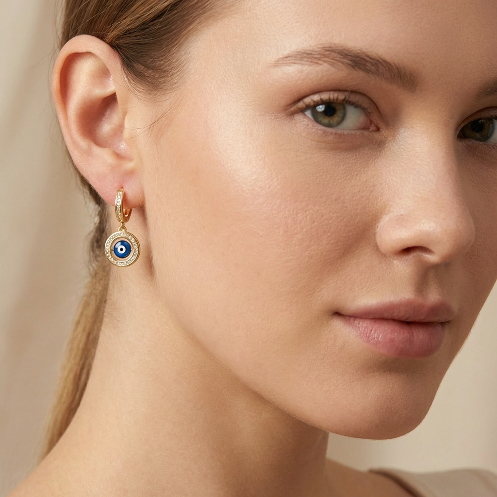 Grapa Larga de Oro 14k con Broche de Zirconias y Ojo Turco en Bisel de Zirconias mod. 10590