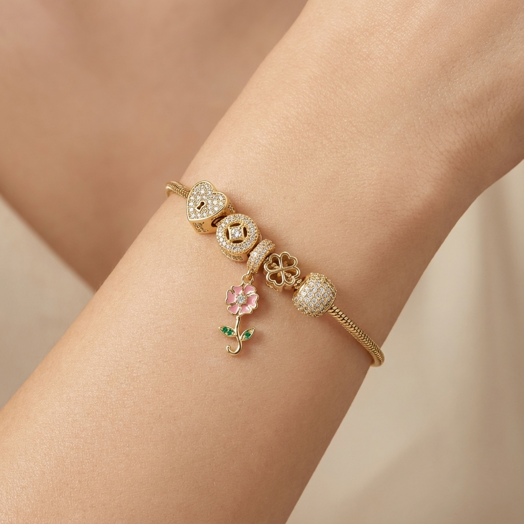 Pulsera de Oro 14k Tejido Cola de Rata con Dijes Charm Especiales con Zirconias mod. 10332