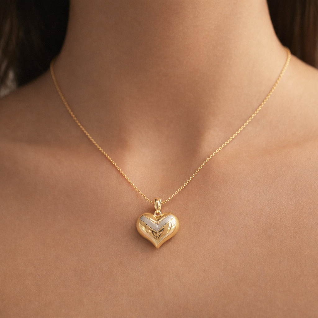 Dije de Oro 14k Corazón Inflado y Hueco con Tonos Mate Detallado con Diamantado Fino mod. 10499