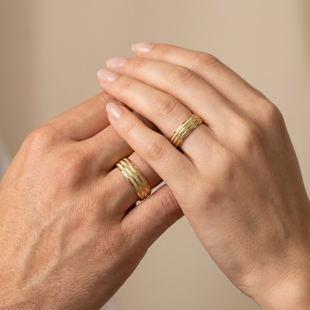 Argollas de Matrimonio de Oro 14k Diseño Confort Mate Martillado mod. 10617