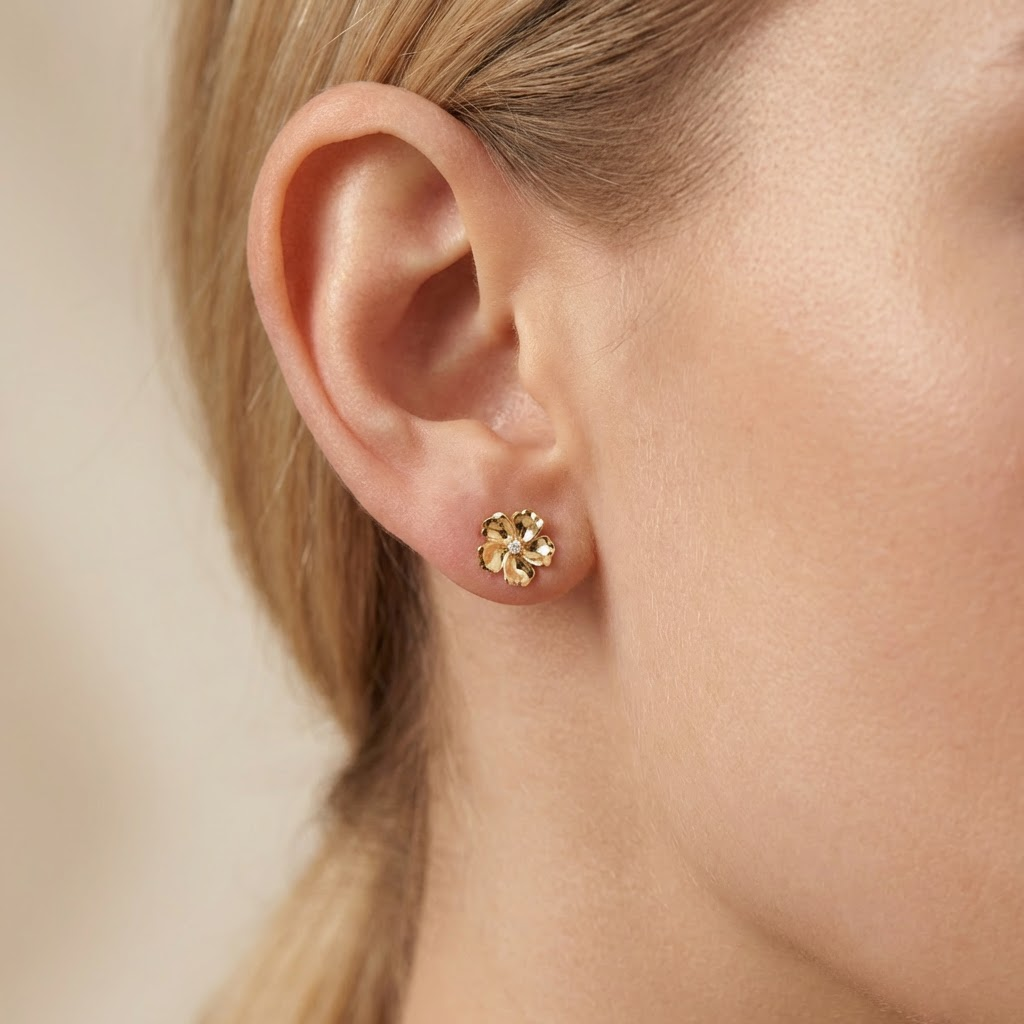 Arete de Oro 14k Flor Brillante y Fina con Zirconia Especial mod. 10640