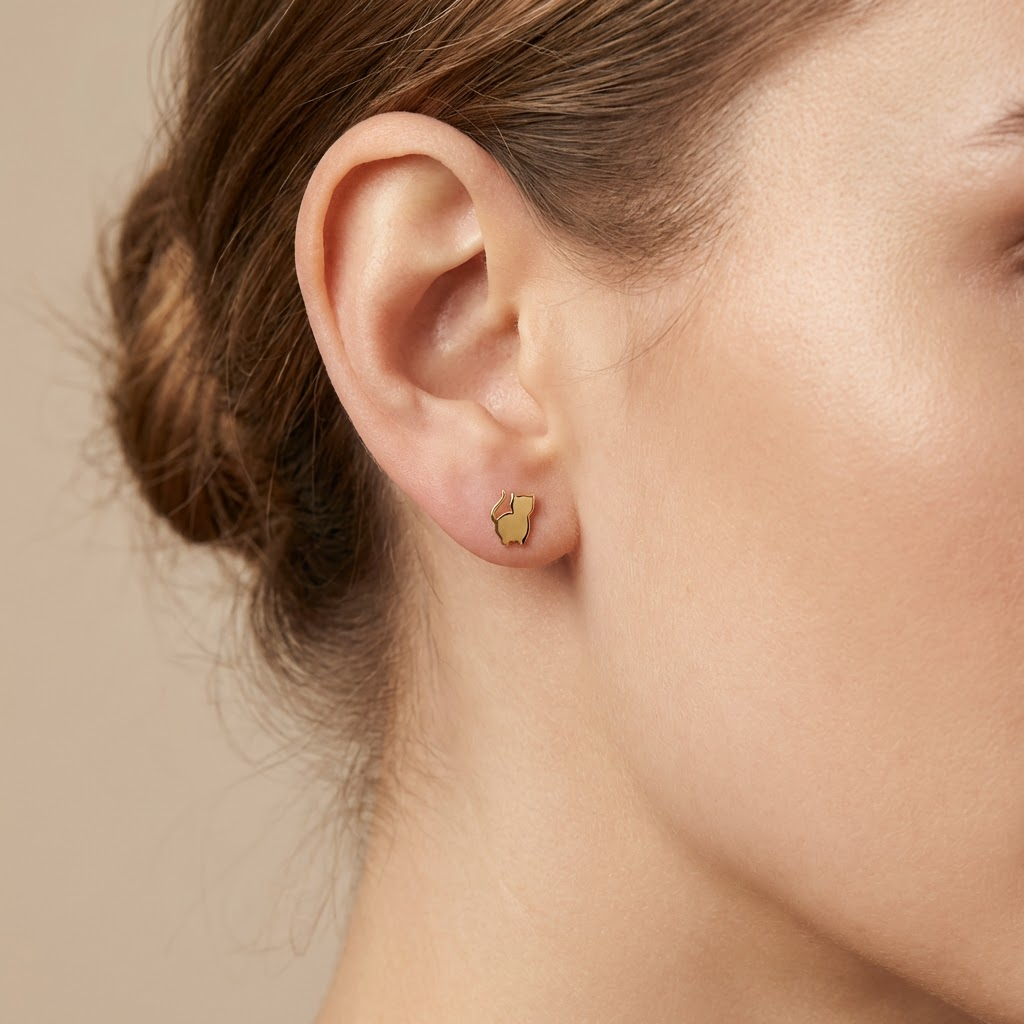 Arete de Oro 14k Pequeño Gatito Brillante mod. 10638