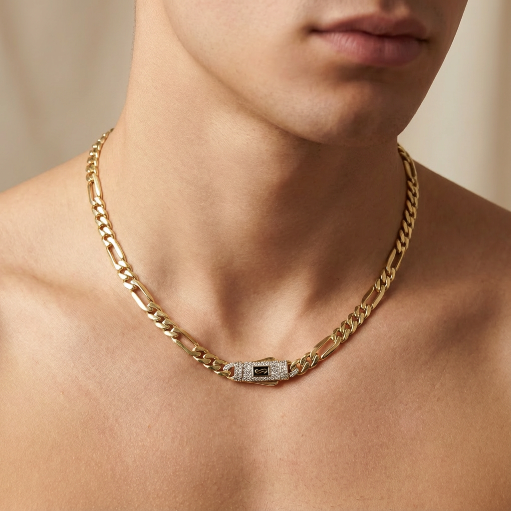 Cadena Monaco Chain de Oro 14k Hueco Modelo Figaro Plain con Broche Pavé Swarovski mod. 10367