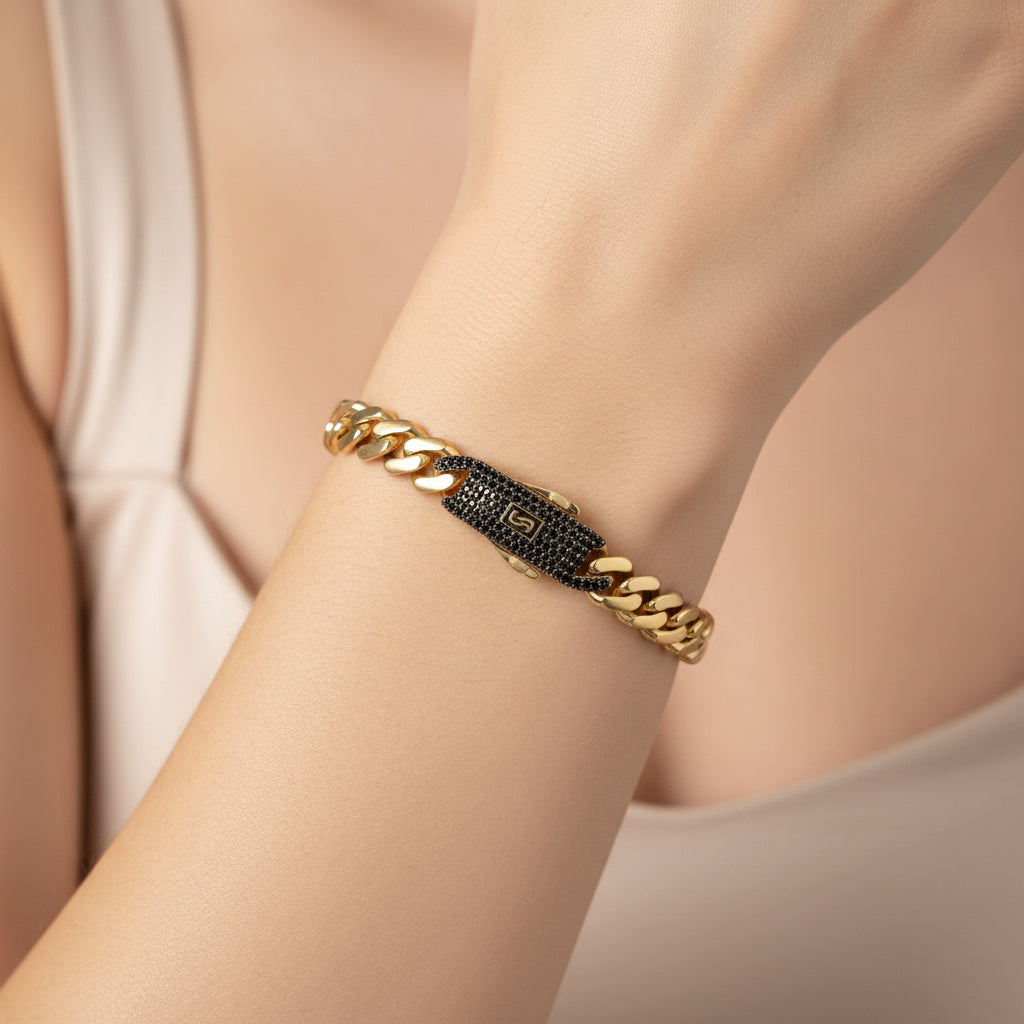 Pulsera Monaco Chain de Oro 14k Hueco Modelo Classic con Broche Pavé Swarovski Oscuro mod. 10328