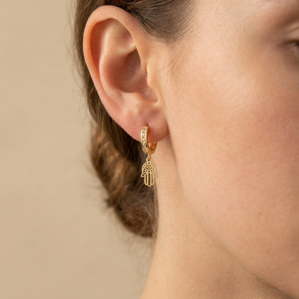 Grapa Larga de Oro 14k con Broche de Zirconias y Mano de Fátima Brillante mod. 10589