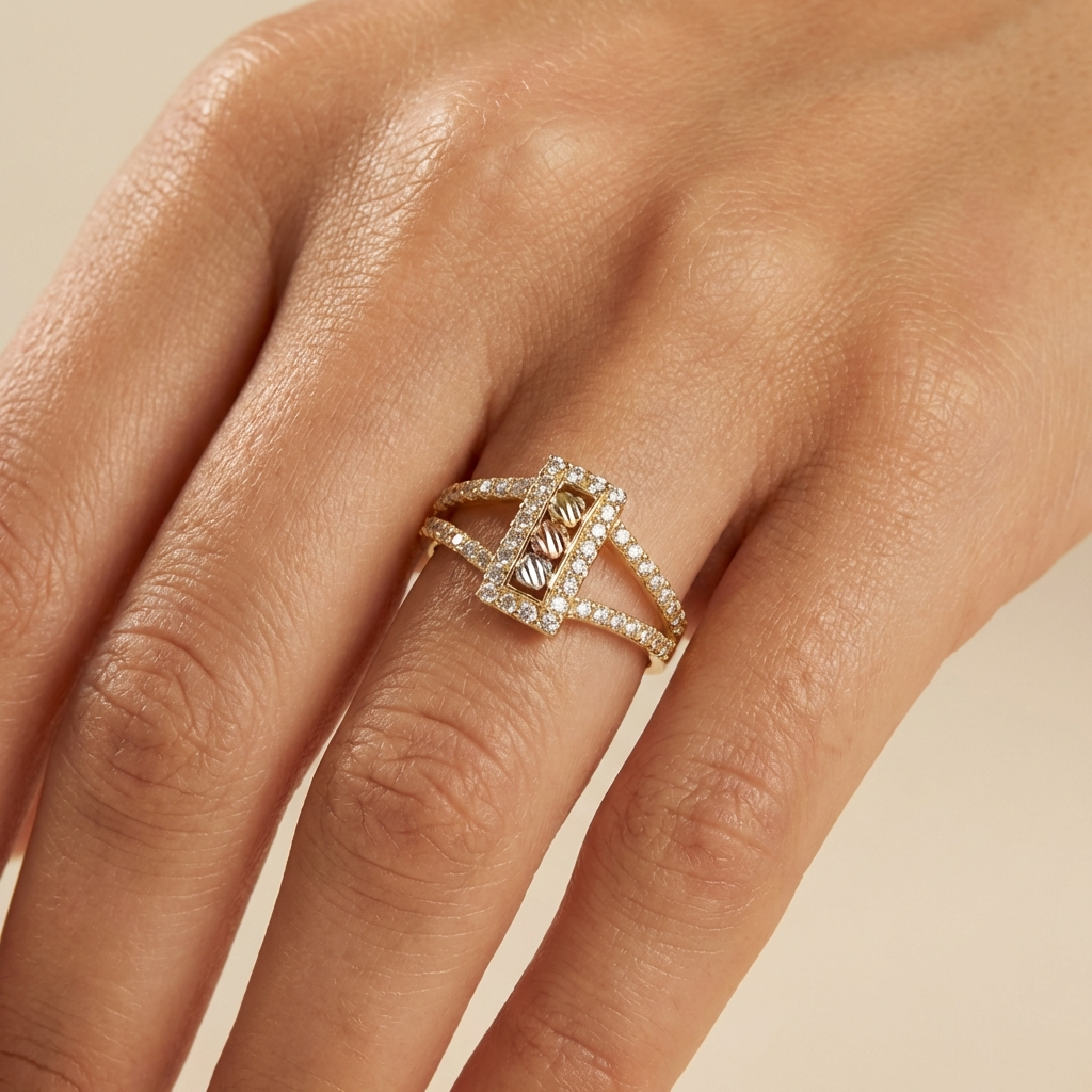 Anillo de Oro 14k Incrustado de Zirconias Brillantes y Esferas Diamantadas mod. 10469