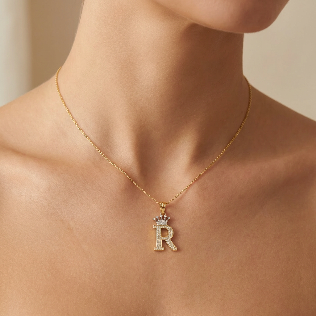 Dije de Oro 14k Inicial R con Corona y Zirconias mod. 10581