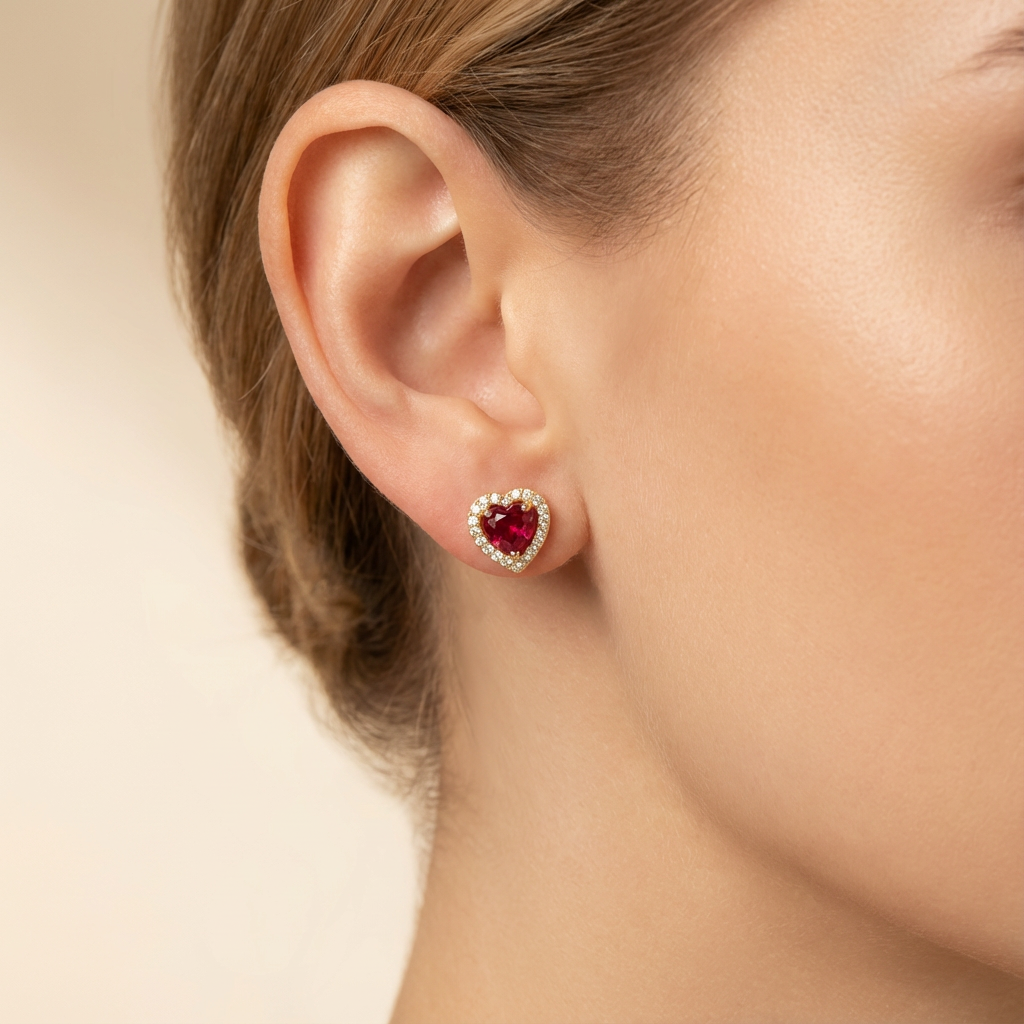 Arete de Oro 14k Corazón Color Fucsia con Incrustación de Zirconias Finas mod. 10437