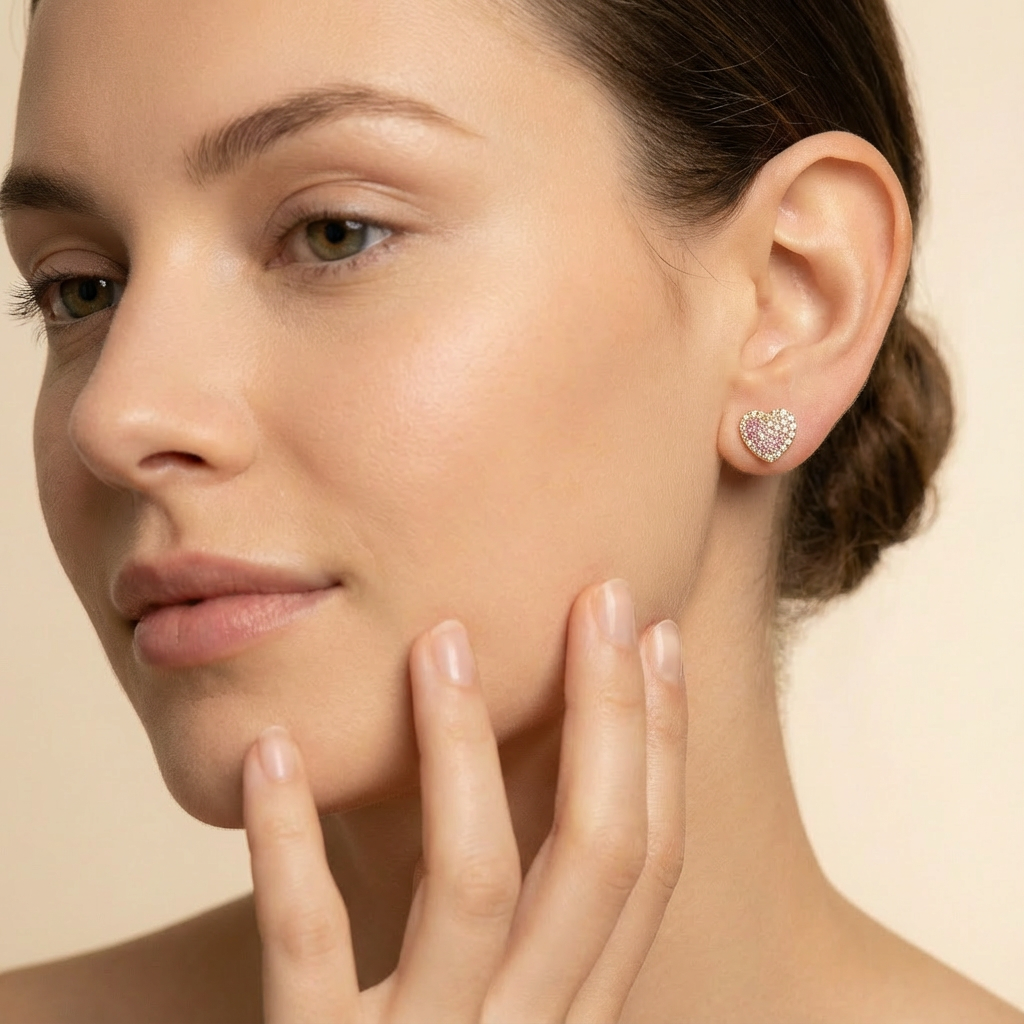Arete de Oro 14k Corazón Inflado con Incrustación de Zirconias Finas mod. 10426