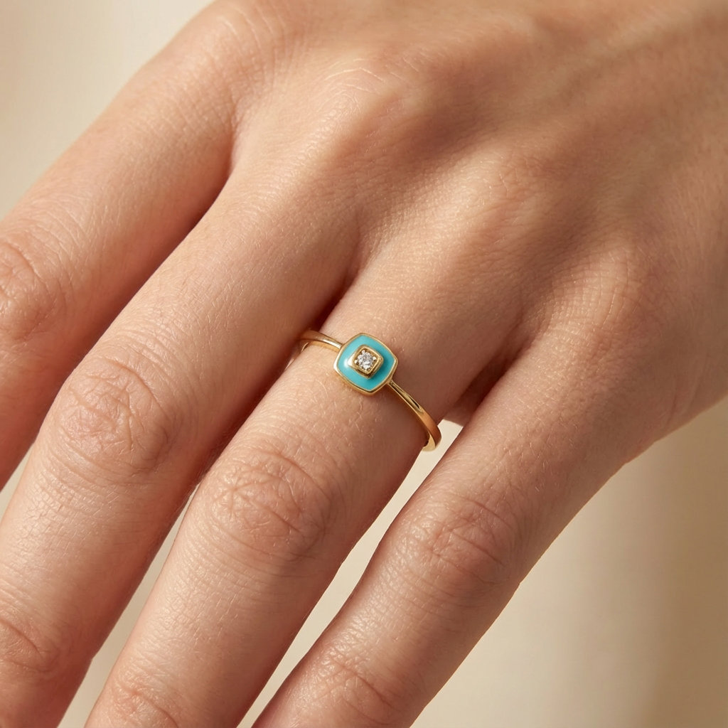 Anillo de Oro 14k Suerte Turquesa con Chispa de Zirconia mod. 10457
