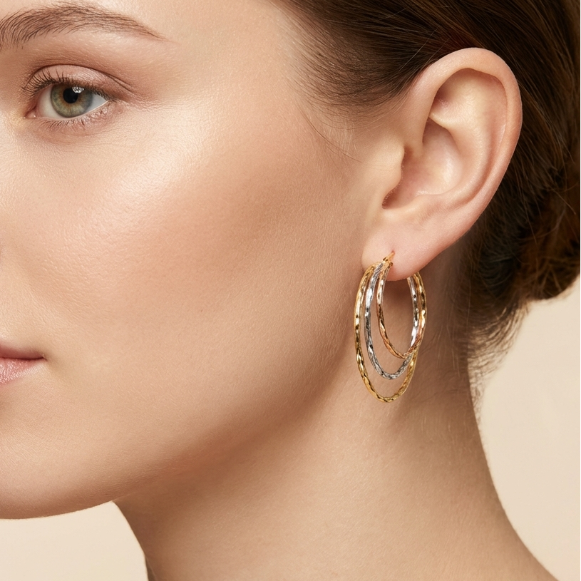 Arracada de Oro 14k Diseño Doble Aro con Acabado Diamantado mod. 10490