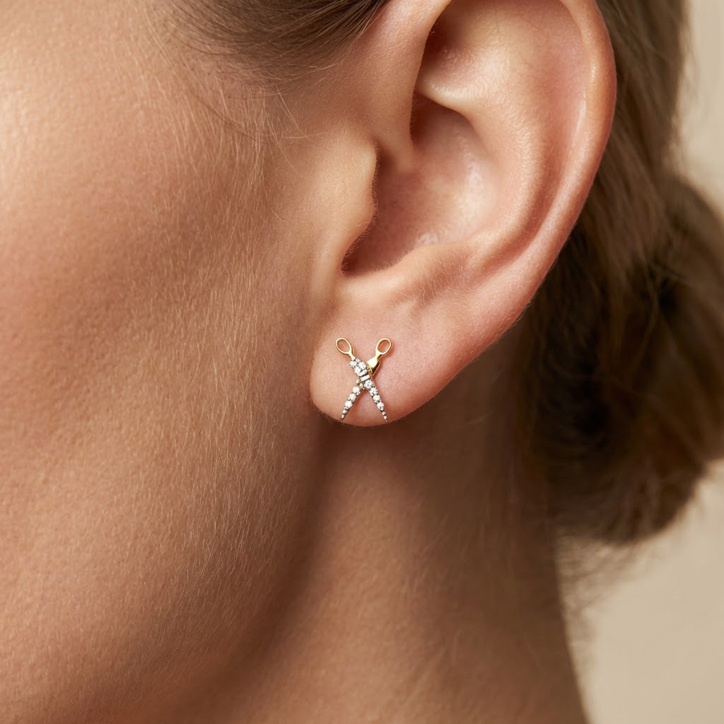 Arete de Oro 14k Diseño en Forma de Tijeras Incrustadas con Zirconias mod. 10627