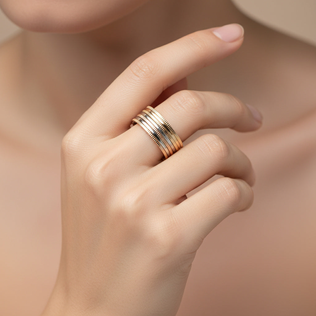 Anillo de Oro 14k Diseño de Semanario con 7 Anillos Finos y Diamantados mod. 10291