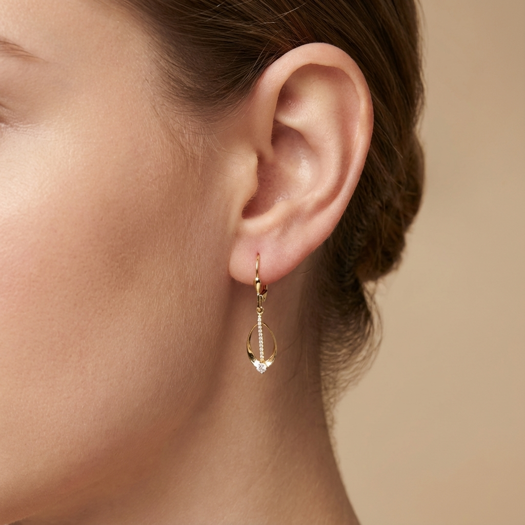 Arete Largo de Oro 14k Diseño Oval Fino con Línea de Zirconias Brillantes mod. 10346