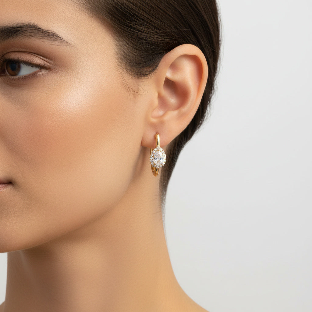 Grapa de Oro 14k Tubular Hueco con Zirconia de Gota Brillante mod. 10169