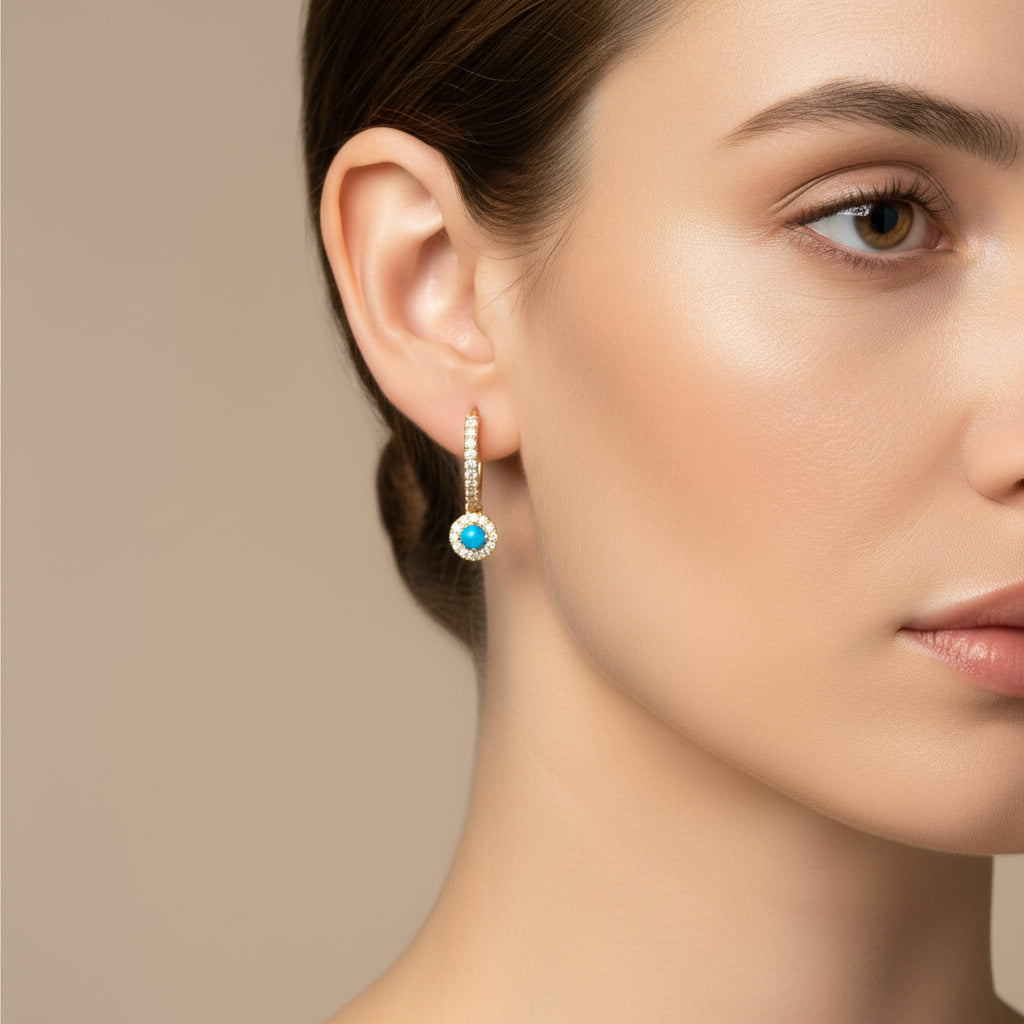 Grapa Larga de Oro 14k con Turquesa y Zirconias mod. 10377