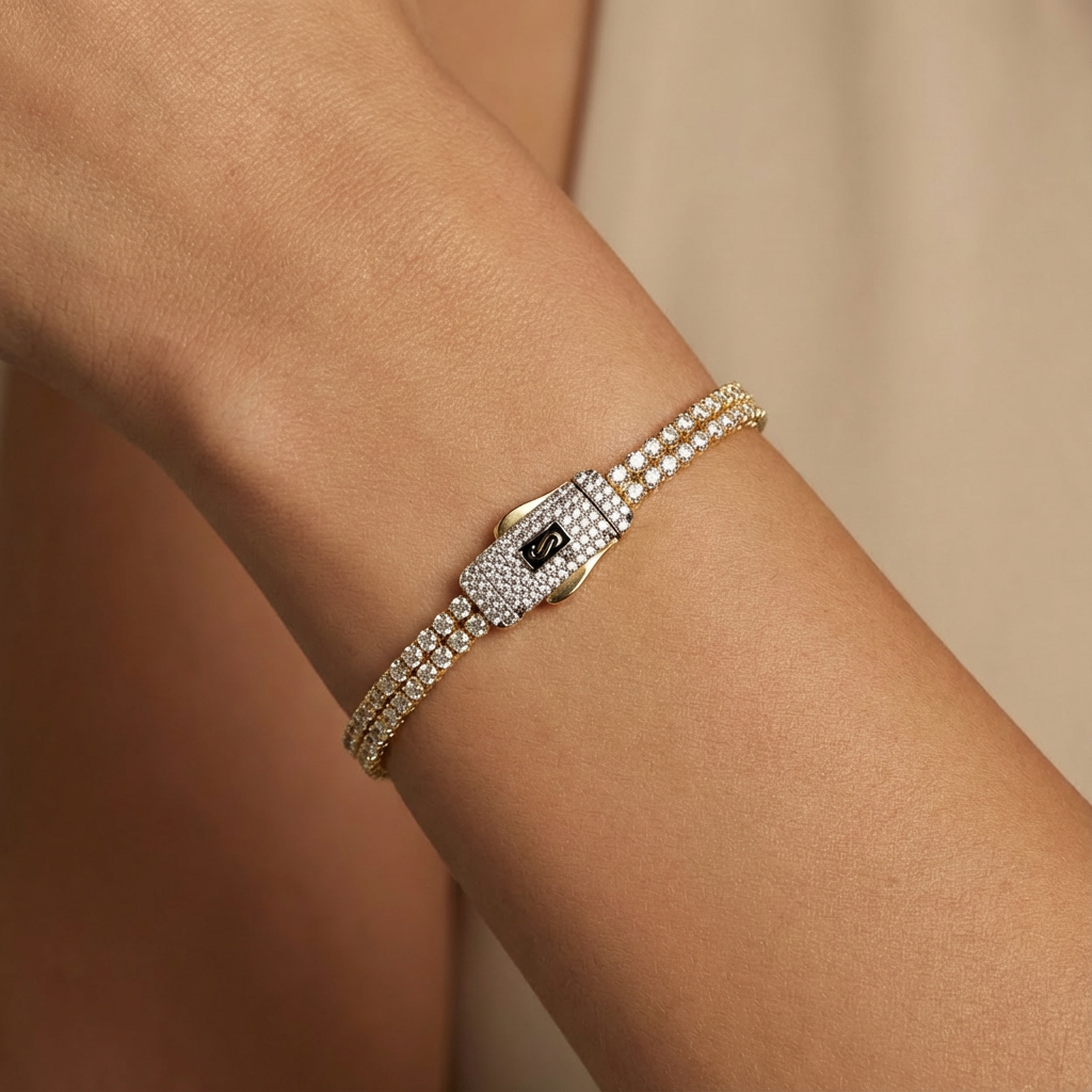 Pulsera Monaco Chain de Oro 14k Hueco Modelo Agua No. 12 Diseño Doble con Swarovski mod. 10322