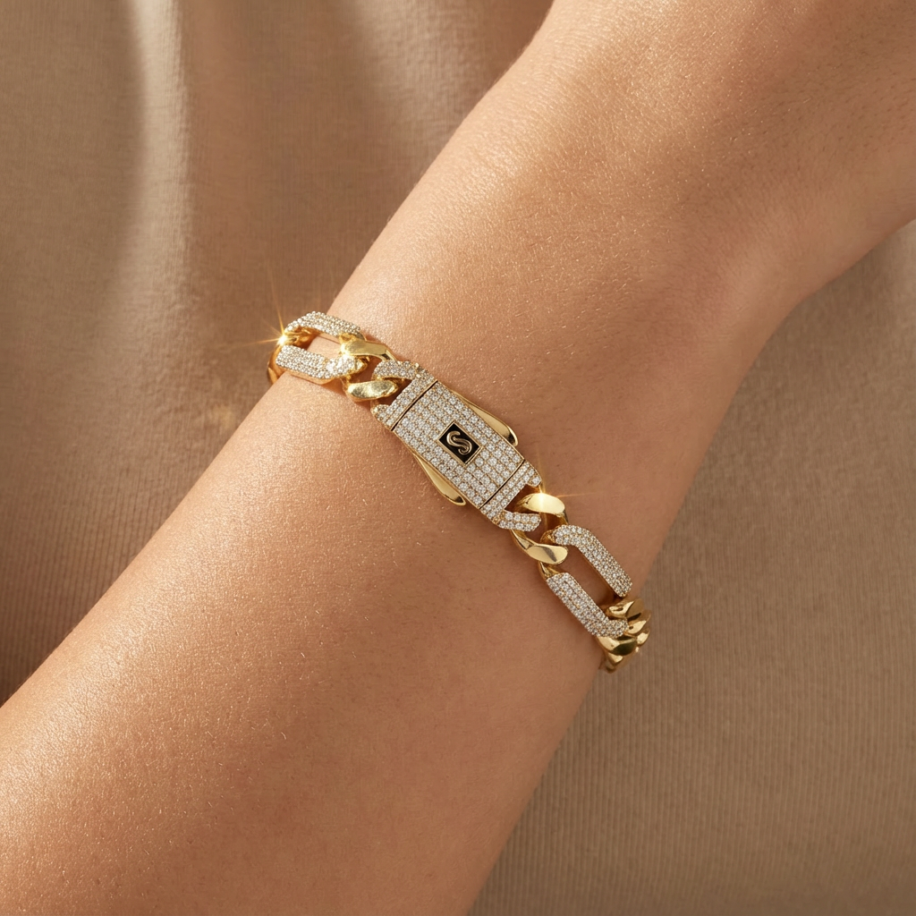 Pulsera Monaco Chain de Oro 14k Hueco Modelo Figaro 3x1 Alt Pavé Swarovski mod. 10329