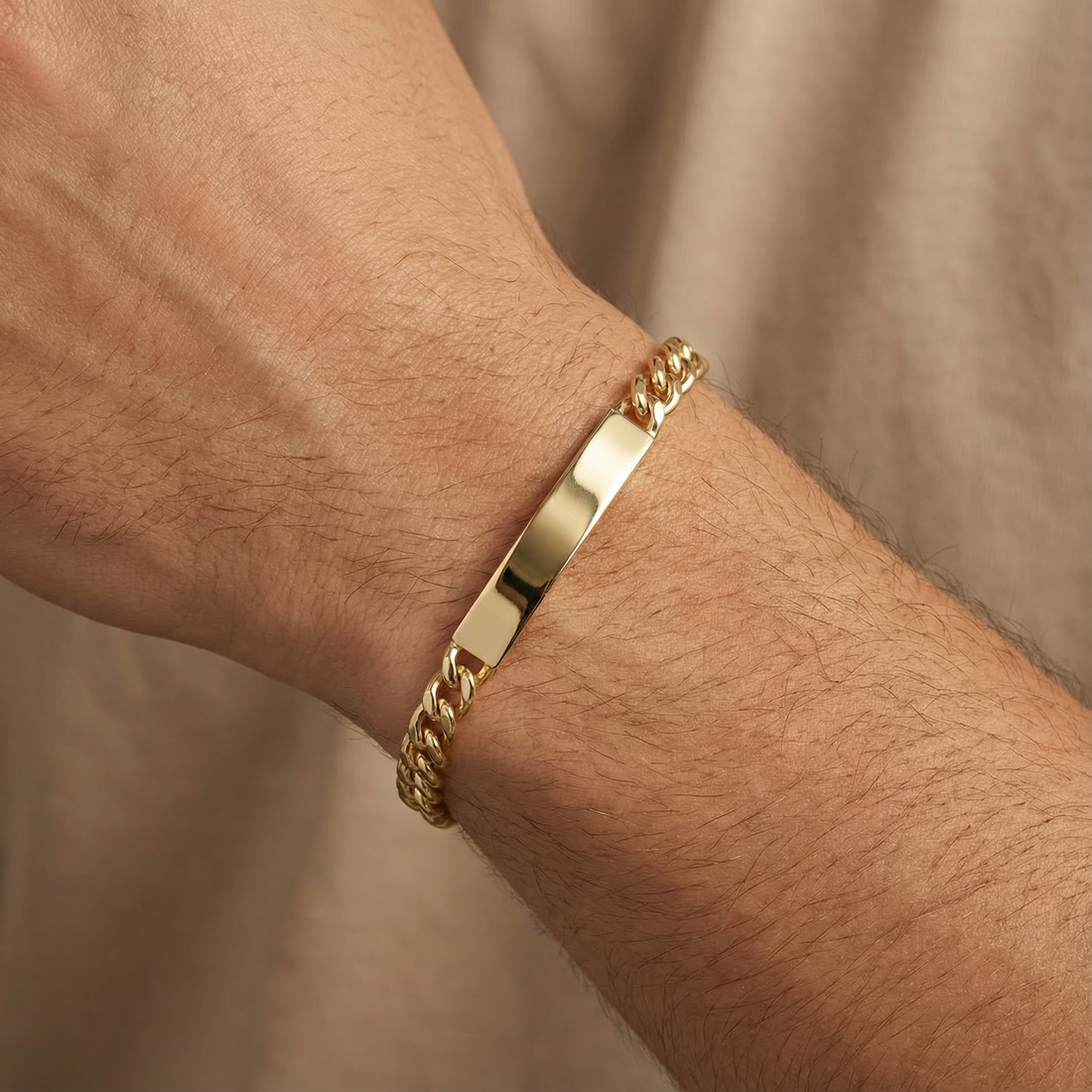 Esclava de Oro 14k Hueca de Tejido Barbado Brillante y Placa Brillante mod. 10301