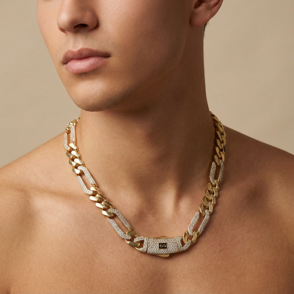 Cadena Monaco Chain de Oro 14k Hueco Modelo Figaro Alt Pavé Swarovski mod. 10368