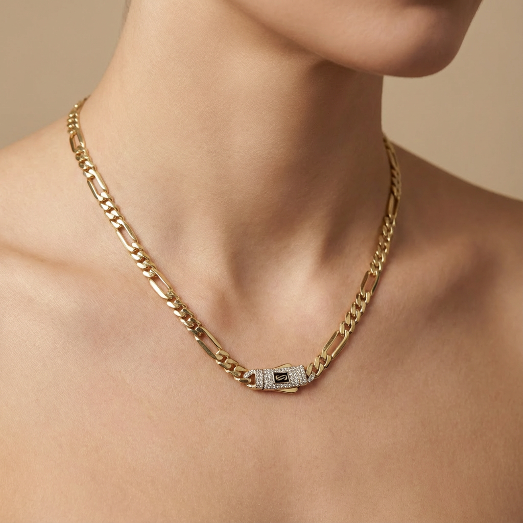 Cadena Monaco Chain de Oro 14k Hueco Modelo Figaro Plain con Broche Pavé Swarovski mod. 10367