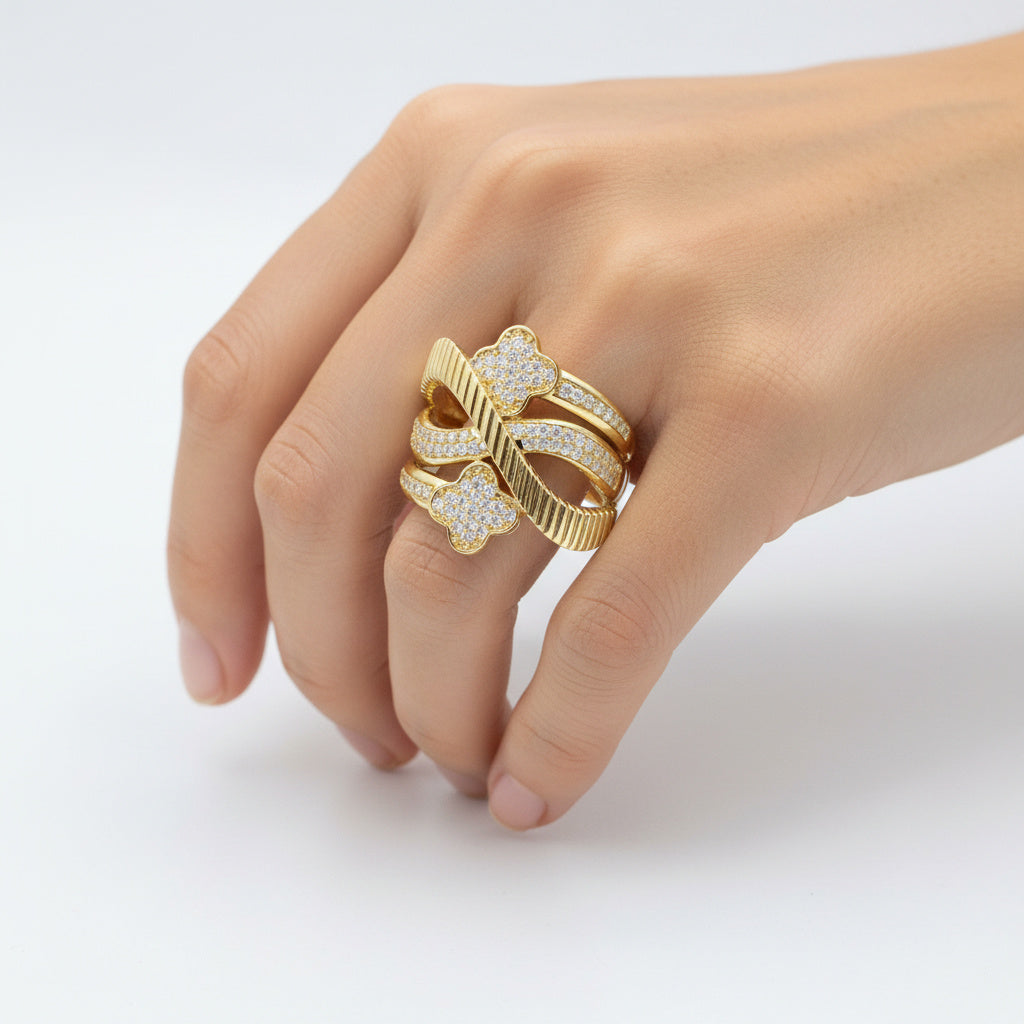 Anillo de Oro 14k con Tréboles Enredados y Zirconias mod. 10192