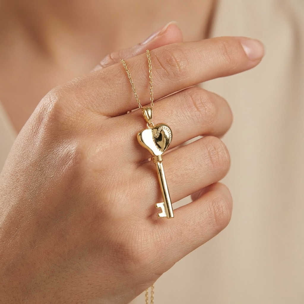 Dije de Oro 14k Llave de Corazón de Diseño Inflado Hueco y Brillante mod. 10503