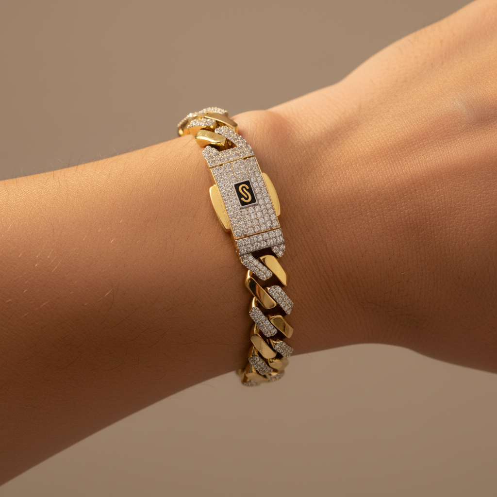 Pulsera Monaco Chain de Oro 14k Modelo Edge con Pavé de Incrustación de Swarovski mod. 10157