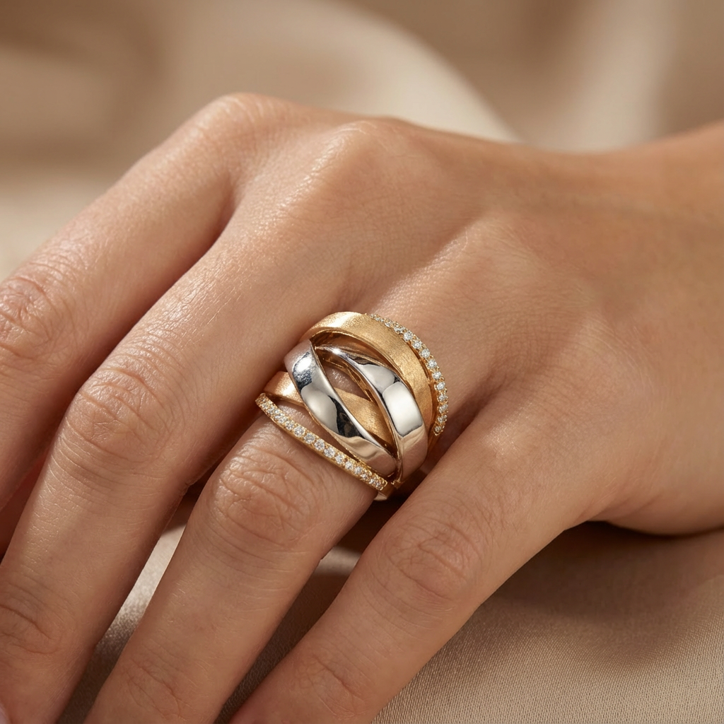 Anillo de Oro 14k Diseño Elegante de Tiras Brillantes Detalladas con Zirconias Finasmod. 7110