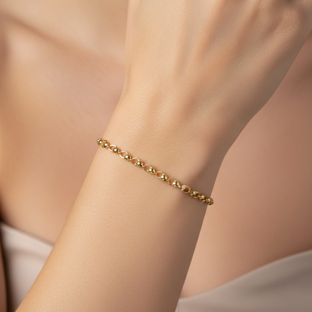 Pulsera de Oro 14k Tejido de Corazones Calados y Brillantes de Estilo Hueco mod. 10187