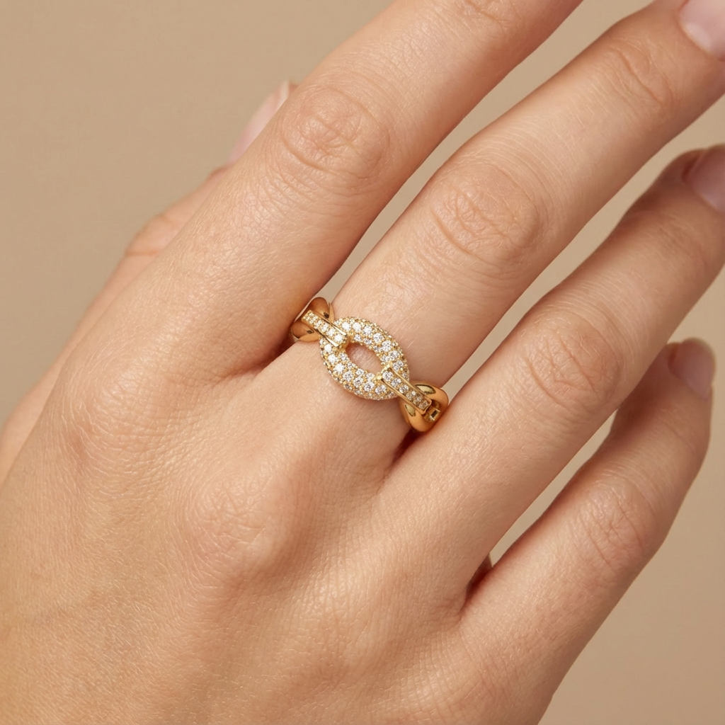 Anillo de Oro 14k Diseño Elegante con Ovalos Brillantes y Zirconias mod. 10359