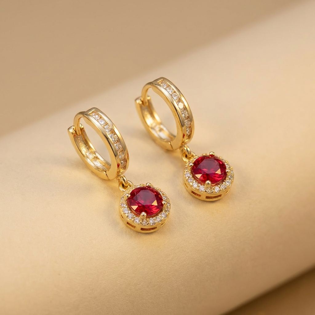 Grapa Larga de Oro 14k con Zirconia Roja Detallada con Zirconias Finas mod. 10598
