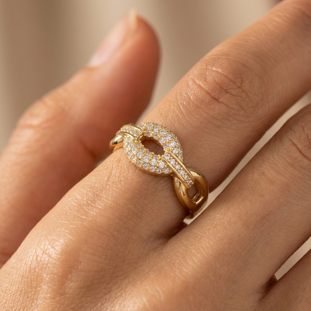 Anillo de Oro 14k Diseño Elegante con Ovalos Brillantes y Zirconias mod. 10359